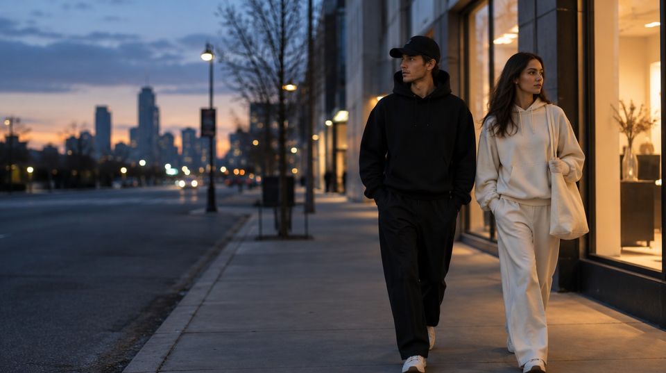 Two people walking a city street at dusk, one in the black JW Hoodie and a cap, one in cream carrying the Tote Bag.